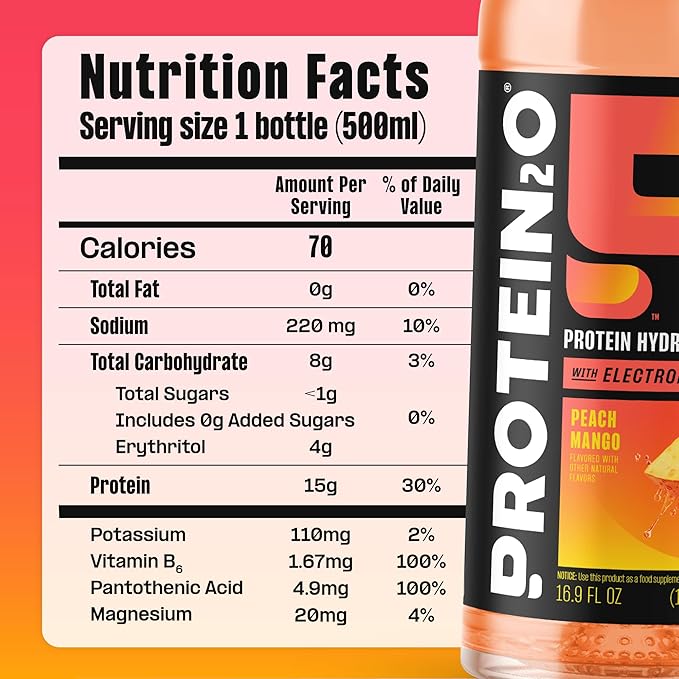 Protein2o 15g Whey Protein Infused Water, Peach Mango, 16.9 Oz Bottle, (Pack of 24)