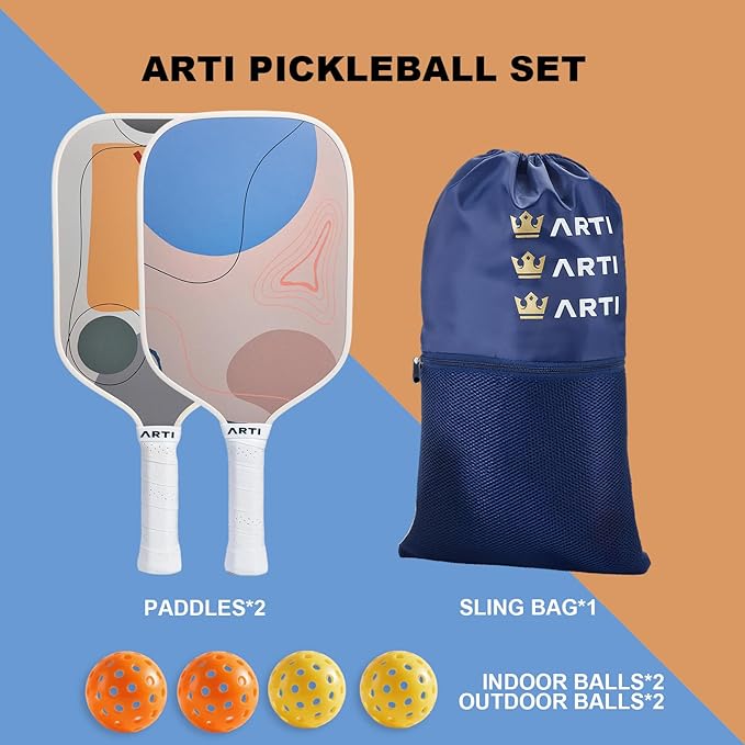 ARTI Pickleball Paddles Set of 2-USAPA Approved Fiberglass Surface Pickleball Set,2 Pickleball Rackets, 4 Balls and 1 Portable Carry Bag