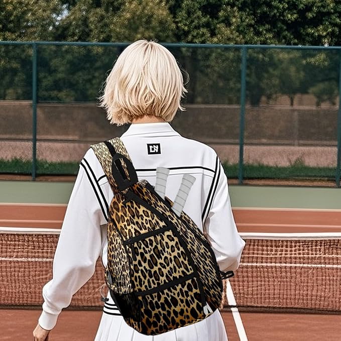 Brown Leopard Print Premium Nylon Pickleball Backpack, 3-in-1 Convertible Shoulder Crossbody Sling Bag for Women Men, Lightweight Bag Fits 2-4 Pickleball Paddles & Tennis Sports Gear