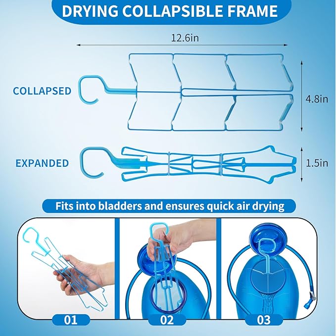 Hydration Bladder Cleaning Kit Compatible with Camelbak, 4 in 1 Water Bladder Cleaner Set, Flexible Long Brush for Hose and 2 Brushes, Drying Collapsible Frame, Water Reservoir Backpack Cleaning Kit