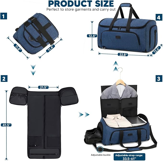 Garment Bags for Travel,4 in 1 Convertible Garment Bag Duffel Bags for Traveling, Suit Bag Travel with Shoulder Strap,58L Duffle Bag with Shoes Compartment for Men Women,Blue
