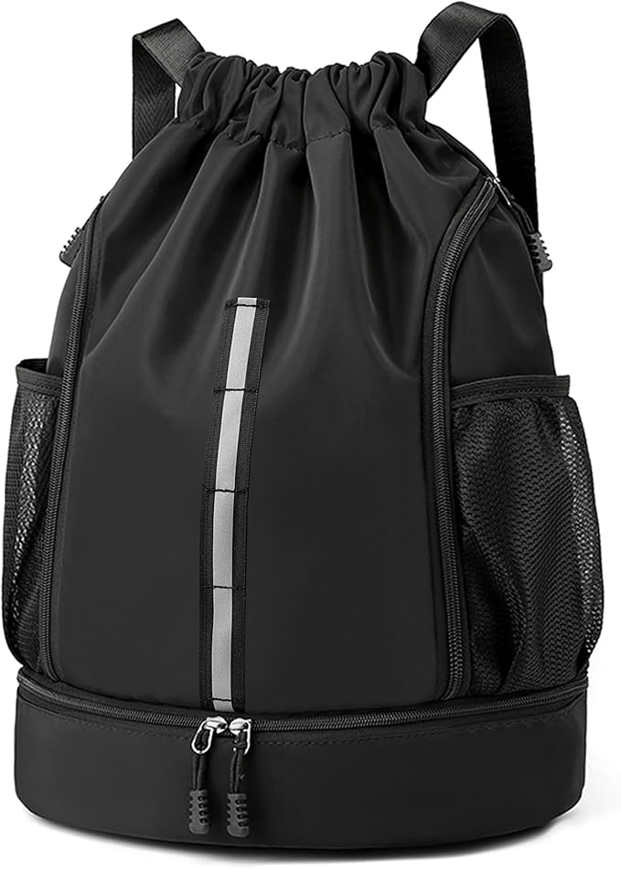 Sport Gym Bag Drawstring Backpack Beach Bag for Men Women with Shoe Compartment and Reflective Strips (Black)