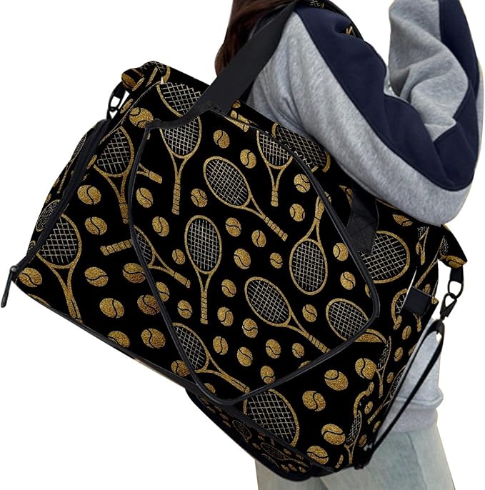 Luxury Racket Black Gym Bag for Women & Tennis Bag, Large Sports Duffel Bag Waterproof with Ventilated Shoe Compartment & Front Racket Sleeve, Lightweight Travel Weekender Overnight Bag