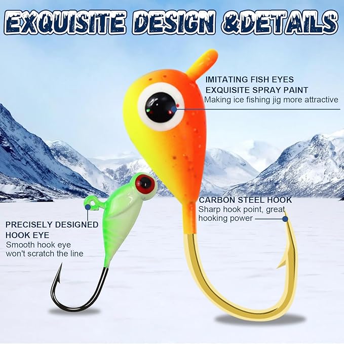 Ice Fishing Jigs Kit with Hard Box, 5 Styles Glow Jig Heads for Crappie, Walleye, Perch, Panfish. 30Pcs Premium Set with 3D Eyes - Portable Ice Fishing Gift & Tackle