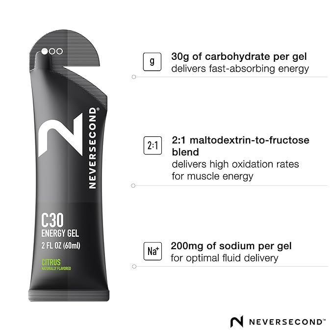 Neversecond C30 Energy Gel, Performance Nutrition & Hydration, Never2 Energy Gel for Ultra Triathlons, Cycling & Marathons (Citrus Flavor, 12-Count Pack)