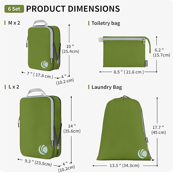 Cipway Compression Packing Cubes Set, Ultralight Expandable Travel Packing Organizers for Carry on Luggage (Green 6pcs)