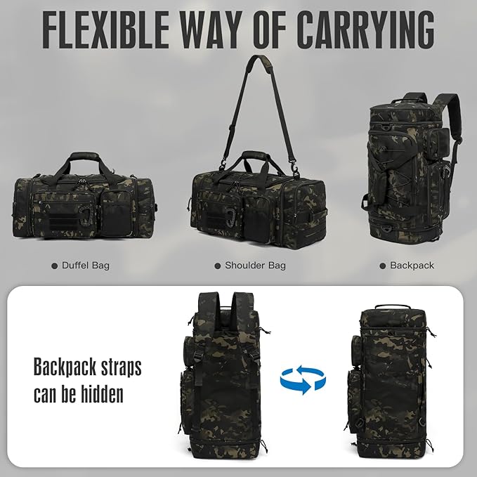 3 in 1 Tactical Gym Bag Backpack for Men 50-55L Expandable Travel Duffle Bag for Women Military Sport Duffel Bags Weekend Overnight with Shoe Compartment & Wet Pocket for Fitness, Camo