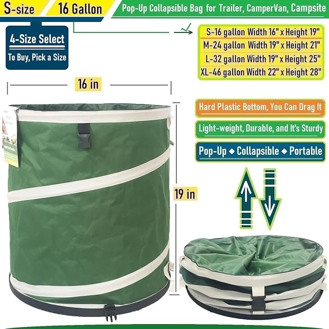 16-Gallon Collapsible Trash Can (16x19 in) Hard-Shell Bottom Yard Garden Bag,Pop-Up Trash Can,RV Camping Waste Bag,Recycling Bin,Laundry Hamper,Leaf Bags,Yard Waste Container,Lawn Grass,Weeds Basket