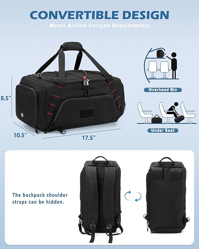 26L Gym Duffle Bag with Backpack Straps, Shoe Compartment and Wet Pocket, Small Duffle Bag for Travel and Sports, Black