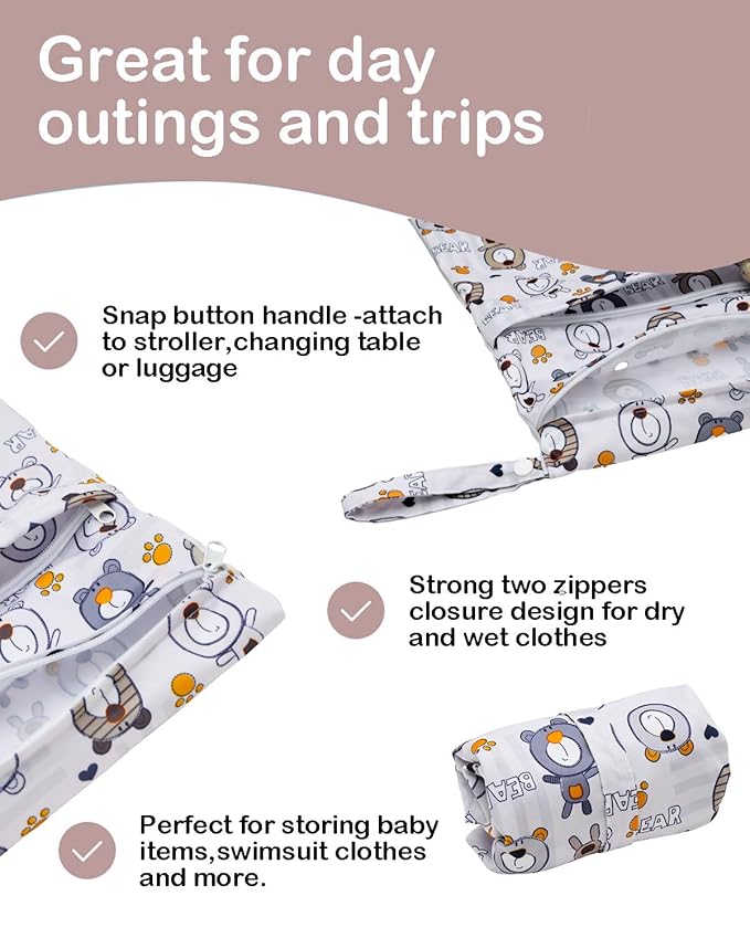 ALVABABY 3pcs Cloth Diaper Wet Dry Bags Waterproof Reusable with Two Zippered Pockets Travel Beach Pool Daycare Soiled Baby Items Yoga Gym Bag for Swimsuits or Wet Clothes 3L-SML11