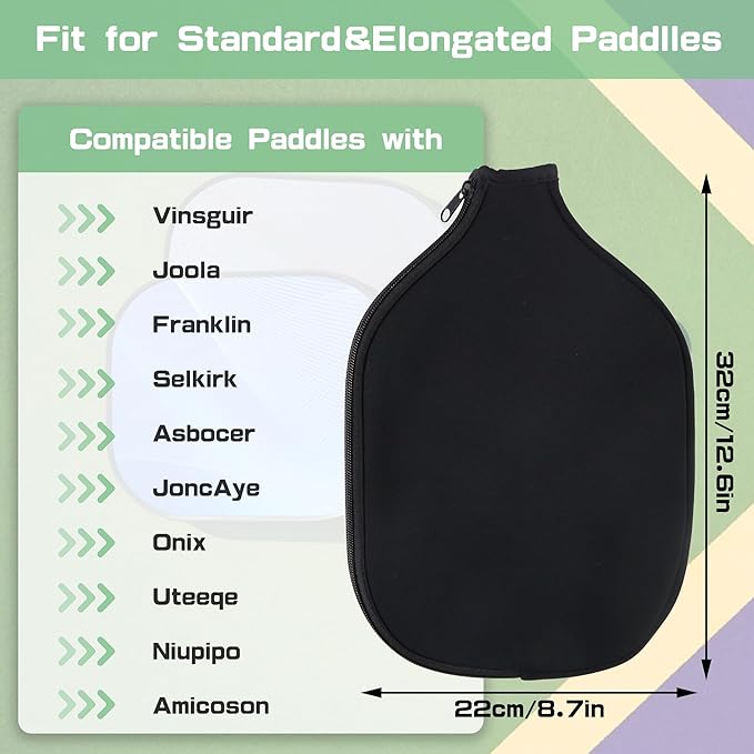 2 PCS Pickleball Paddle Covers, Durable Neoprene Universal 8.26 x 11.8Inch Zippered Racket Sleeve Storage Bag, Fits USAPA Standard Pickleball Racquets