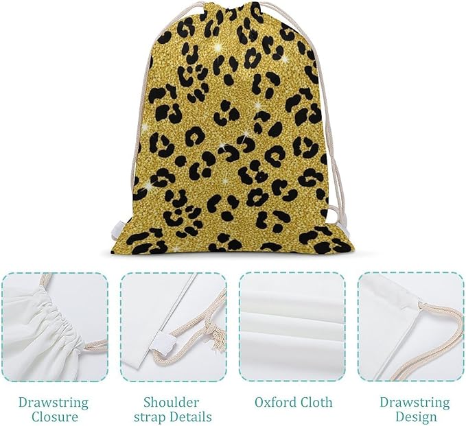 Canvas Drawstring Bag for Men Women, Black Gold Glitter Wild Chic Animal Cheetah Leopard Ptint Gym Workout Backpack, Lightweight Drawstring Backpack for Workout Travel