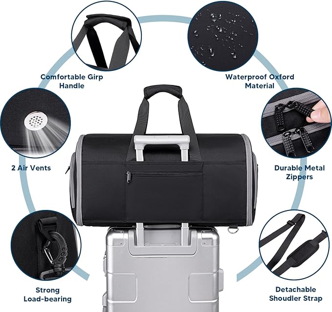 Convertible Garment Bags for Travel, 4 in 1 Duffle Bag for Travel 58L Capacity Carry on Garment Bag with Shoes Compartment Travel Garment Bag with Shoulder Straps Suit Bag for Men Women,Black