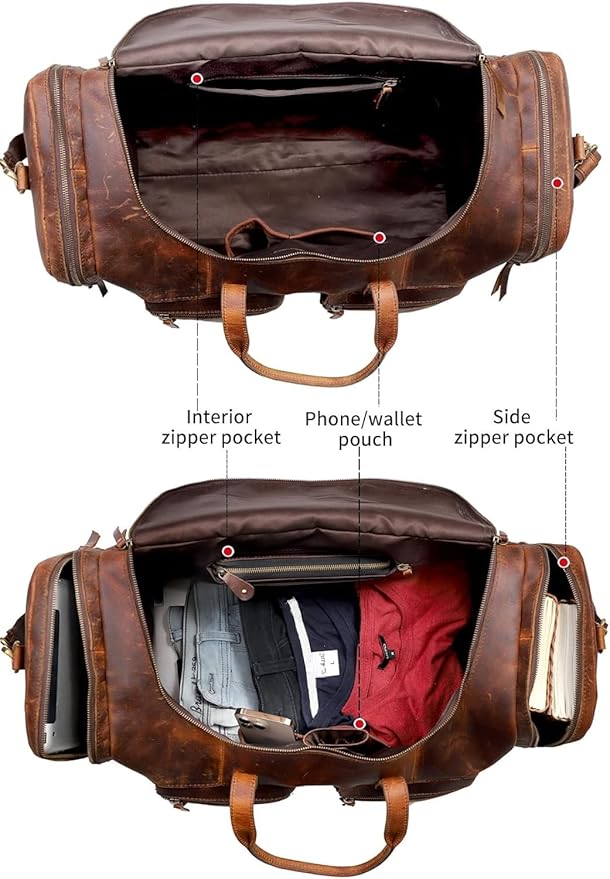 20" Vintage Duffel Classic Style with Modern Outlook Retro Thick Full Grain Cowhide Handmade Airplane Underseat Carry On Bags Leather Gym Overnight Luggage Bag