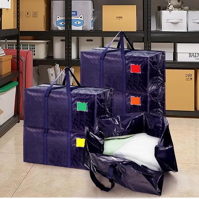 12 Pack Extra Large Heavy Duty Moving Bags with Reinforced Zipper & Wide Handles, Moisture-Resistant Storage Bins Packing Cubes for Clothes, College Dorm, Travel, and Home Organization, DarkBlue