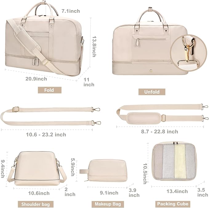 Weekender Bag for Women Men, Large Overnight Bag Faux Leather Travel Duffel Bag with Shoe Compartment Toiletry Packing Cube Carry On Bag Fit 21" Laptop 3Pcs Set (4PCS White)