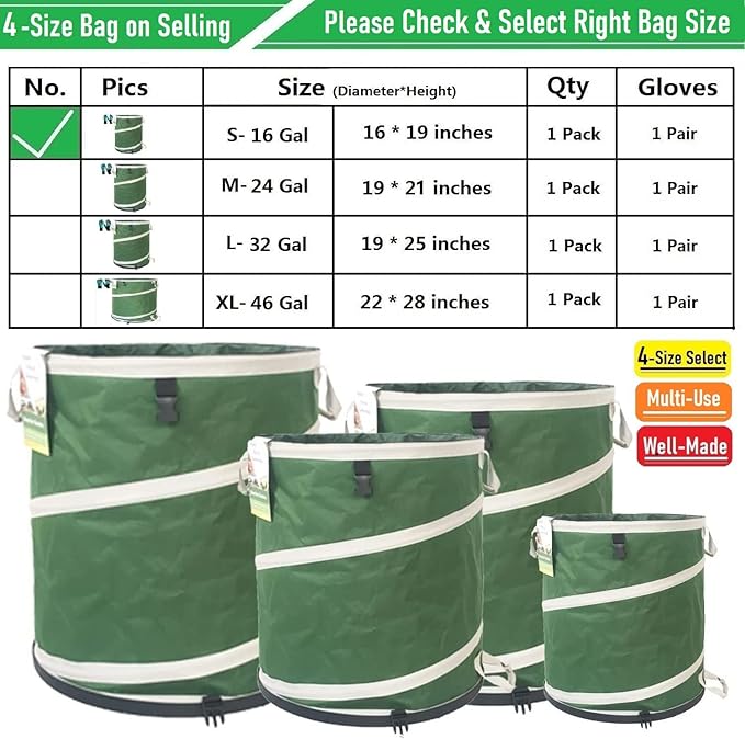 16-Gallon Collapsible Trash Can (16x19 in) Hard-Shell Bottom Yard Garden Bag,Pop-Up Trash Can,RV Camping Waste Bag,Recycling Bin,Laundry Hamper,Leaf Bags,Yard Waste Container,Lawn Grass,Weeds Basket