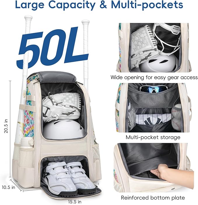 Baseball Bag for Youth | Softball Backpack 50L Large Capacity with Shoe Compartment and 4 Bat Holders | Nova Flare Series