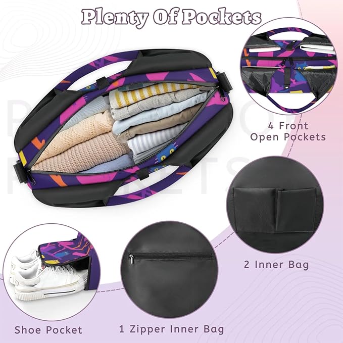 Yoga Gym Bag for Women, Cute Cat Gym Bag with Yoga Mat Holder, Purple Duffel Bag, Sport Bag with Shoe Compartment and Wet Dry Storage Pockets, Suitable for Gym, Travel, Pilates and Beach