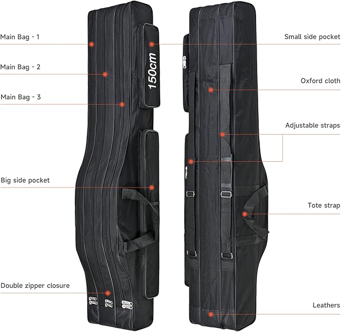 3 Layers Fishing Pole Bag,Portable 3 Layers Oxford Folding Rod Carry Case,Fishing Reel Tackle Storage Bag Case
