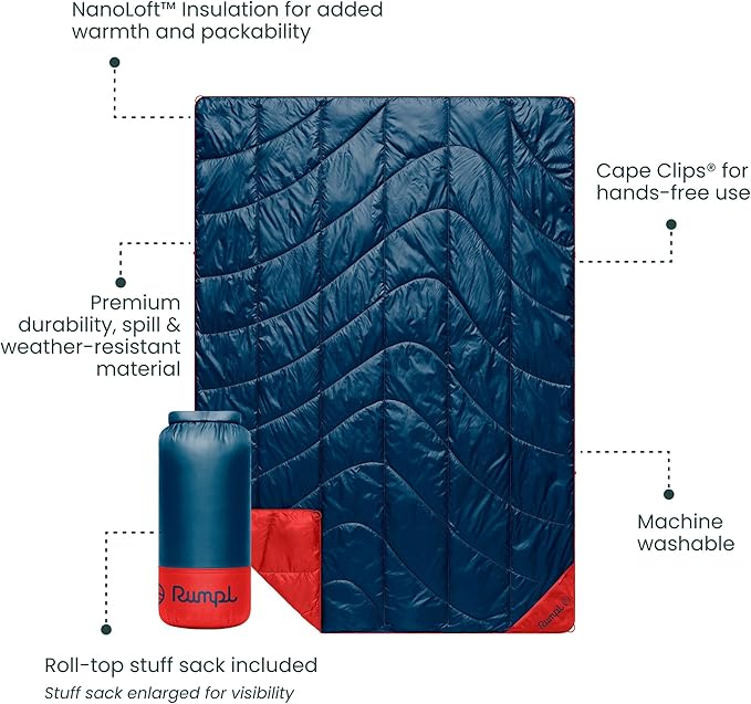 Rumpl Backcountry Puffy Blanket - Packing Comfort Into Uncomfortable Places, 100% Recycled Polyester Insulation, Lightweight, Packable, Water Resistant, 52" x 75", Deepwater