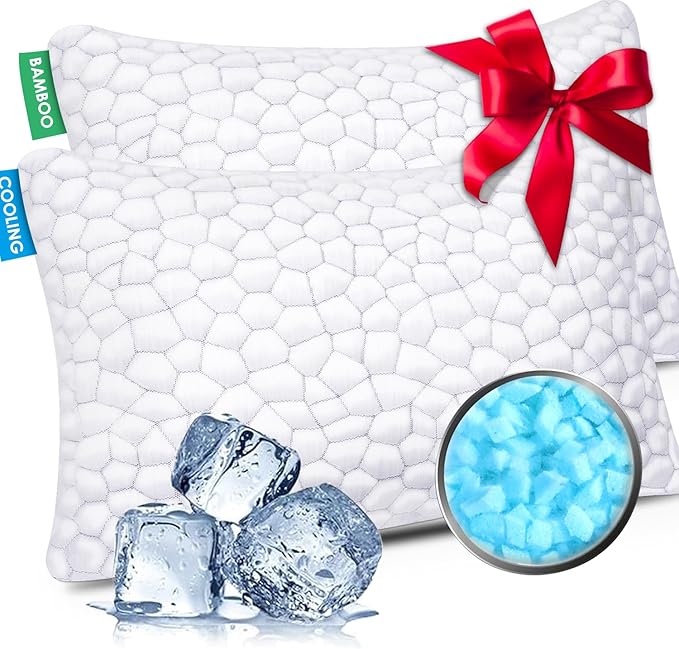 Cooling Bed Pillows for Sleeping 2 Pack Shredded Memory Foam Pillows Standard Size Set of 2, Adjustable Cool Pillow for Side Back Stomach Sleepers Luxury Gel Pillows with Washable Removable Cover