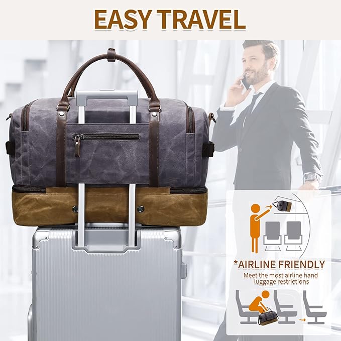 Nerlion Weekender Bag with Shoe Compartment Large Overnight Bag for Men Canvas Genuine Leather Carry on Luggage Bag Travel Duffel Bag(Gray)