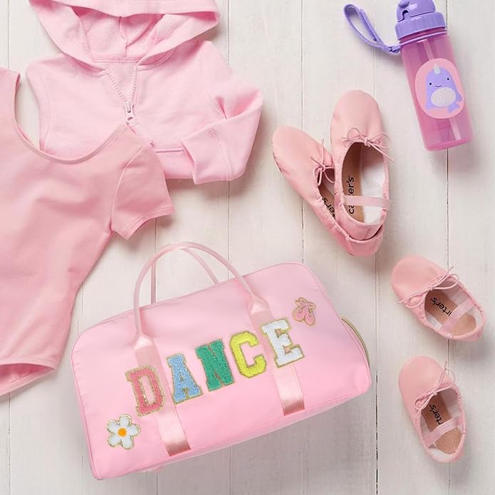 Dance Bag for Girls 2PCS Ballet Cheer Bag with Shoes Compartment Chenille Letter Embroidery for Dancer Travel Overnight bag
