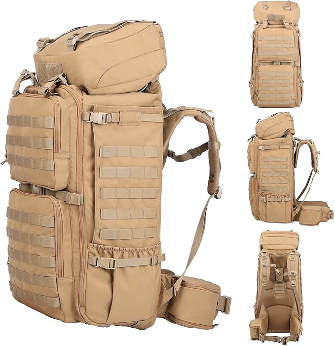 Zsearaymy 75L Hiking MOLLE Backpack with Internal Frame & Rain Cover for Tactical, Camping, Backpacking, Survival Travel (TAN)