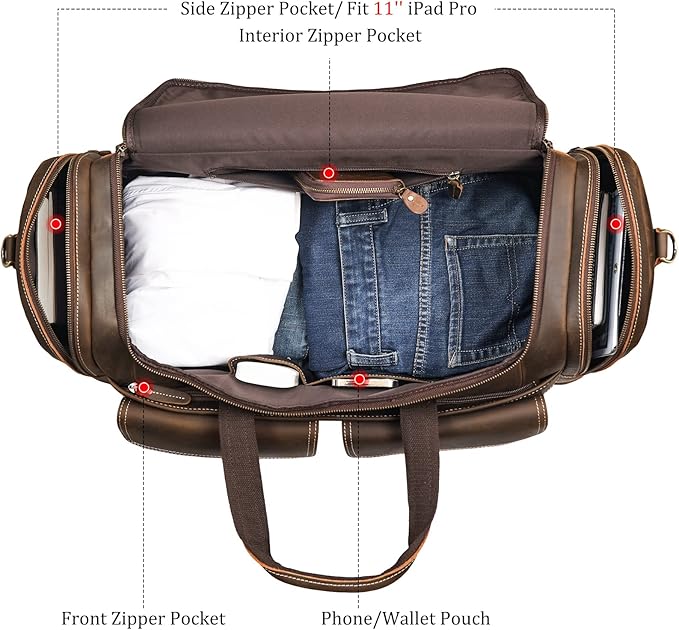 Polare 23" Duffel Retro Thick Full Grain Cowhide Leather Gym Weekender Overnight Luggage Bag 42L