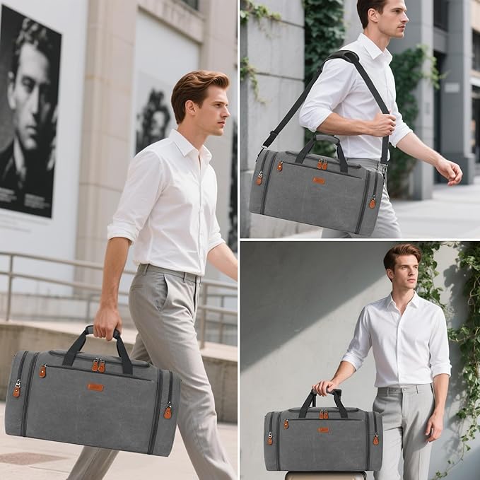 Canvas Mens Duffle Bag for Travel - Expandable 50L Weekender Bags with Toiletry Bag, Overnight Bag Travel Duffel Carry On Luggage with Removable Shoulder Strap, Durable & Water-Resistant