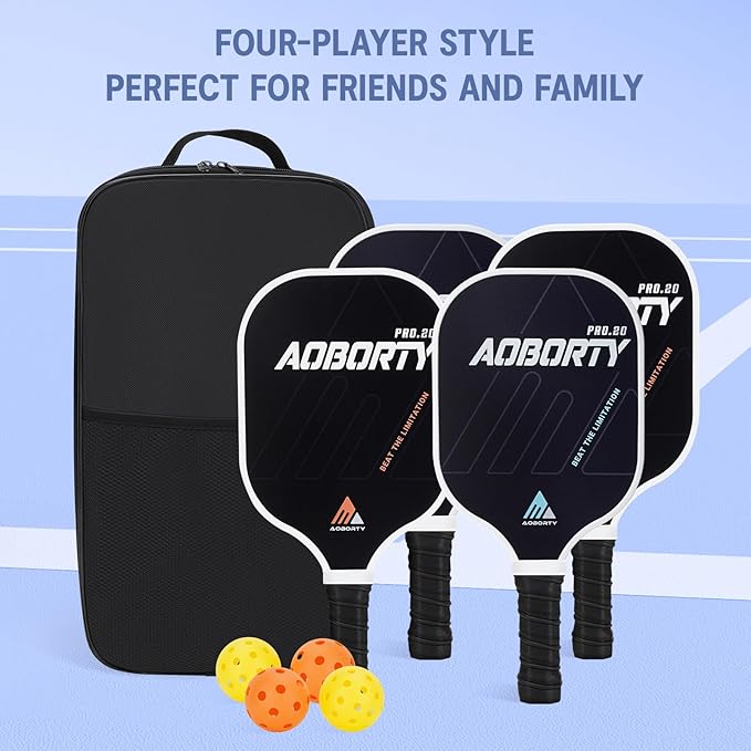 Pickleball Paddles 4 Pack - USAPA Light Graphite Premium Rackets Fiber Face & Polymer Honeycomb Core Pickleball Set with 4 Outdoor Indoor Balls Including Portable Carry Bag