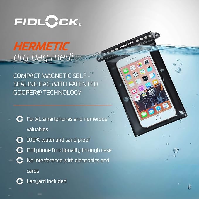FIDLOCK Hermetic Dry Bag Flexible Magnetic Self-Sealing Bag for Cellphone | 100% Water & Sand Proof | Practical Size with a Large Opening | Lanyard Included | Medi | Orange Transparent