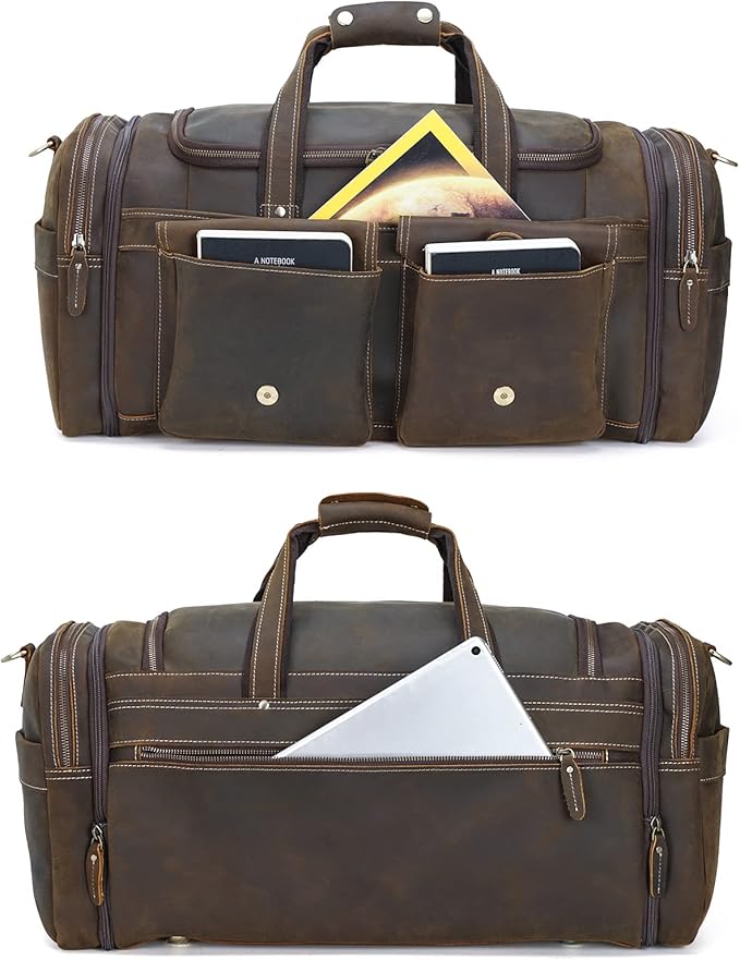 Polare 23" Expandable to 29'' Duffel Retro Thick Full Grain Cowhide Leather Gym Weekender Overnight Luggage Bag For Men