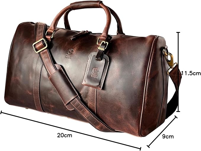 Leather Holdall Bags for Men - Travel Overnight Duffle - Weekend Carry On Suitcase - Underseat Flight Cabin Duffel Bag, Mulberry, L, Leather Overnight Bags for Men