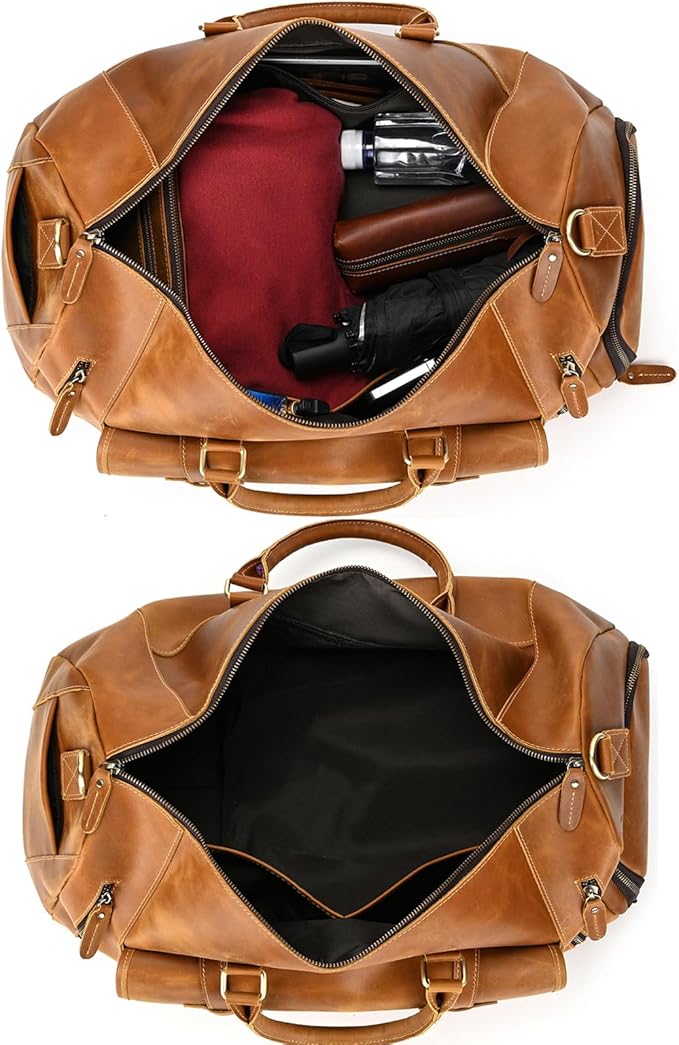 Leather Duffel Bag 20 Inch Full Grain Leather Travel Overnight Weekend Bag for Men and Women, 9802 Light Brown