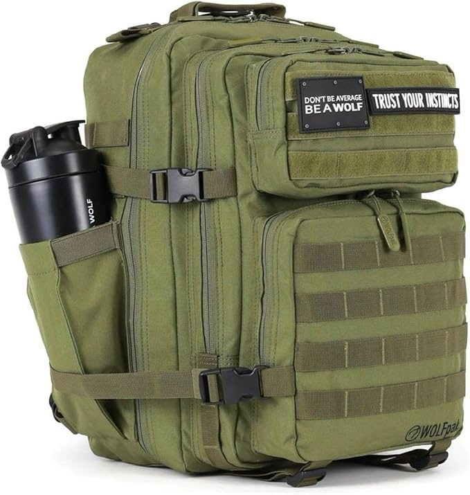 WOLFpak 35L Athletic Gym Backpack - Durable 1000D Waterproof Oxford Material with MOLLE Webbing, Laptop Pocket & Dual Cup Holders, Durable Fitness/Travel/Military Daypack (OD Green)