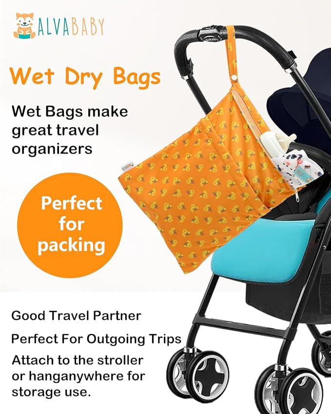 ALVABABY 3pcs Cloth Diaper Wet Dry Bags Waterproof Reusable with Two Zippered Pockets Travel Beach Pool Daycare Soiled Baby Items Yoga Gym Bag for Swimsuits or Wet Clothes 3L-ZM30
