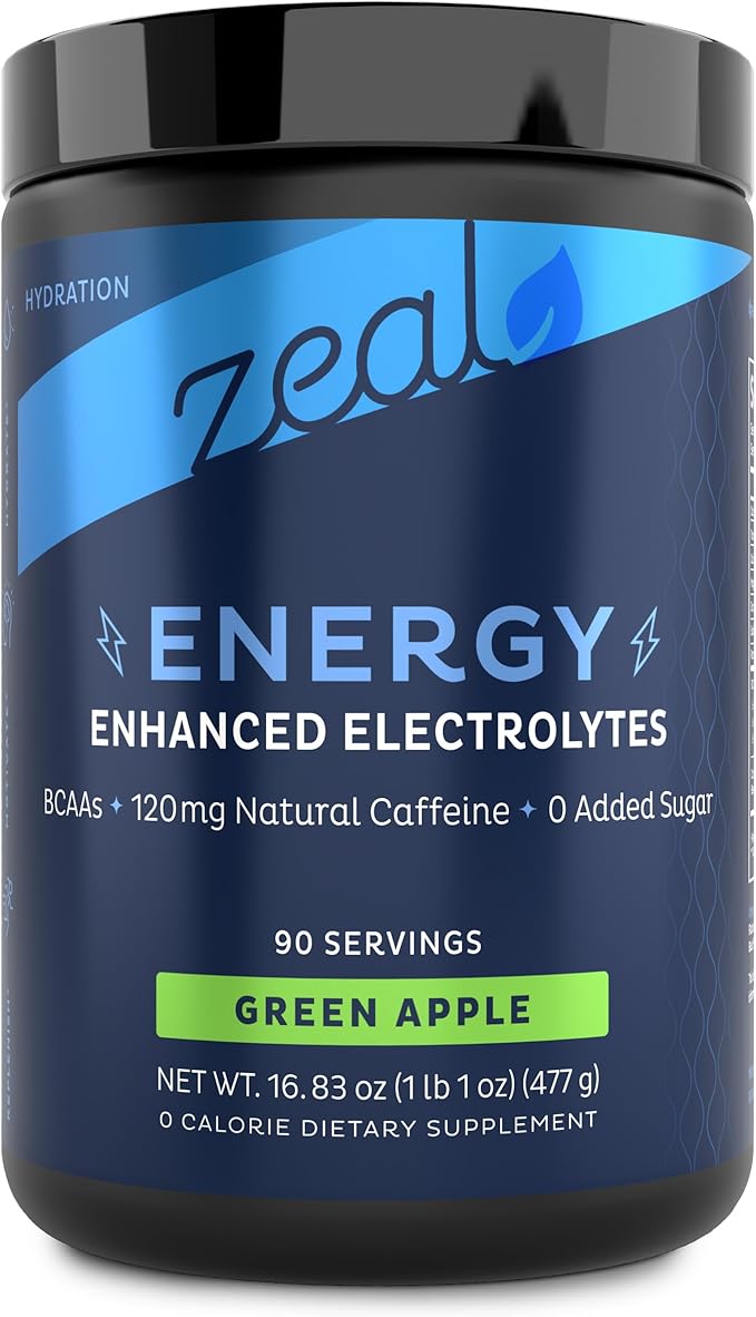 Zeal Electrolyte Powder - 90 Servings | Keto Electrolytes Powder | Zero Sugar, BCAAs, B-Vitamins | Potassium, Zinc, Magnesium | Hydration Powder Recovery Drink | Green Apple