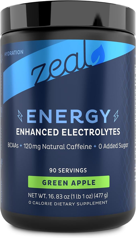 Zeal Electrolyte Powder - 90 Servings | Keto Electrolytes Powder | Zero Sugar, BCAAs, B-Vitamins | Potassium, Zinc, Magnesium | Hydration Powder Recovery Drink | Green Apple