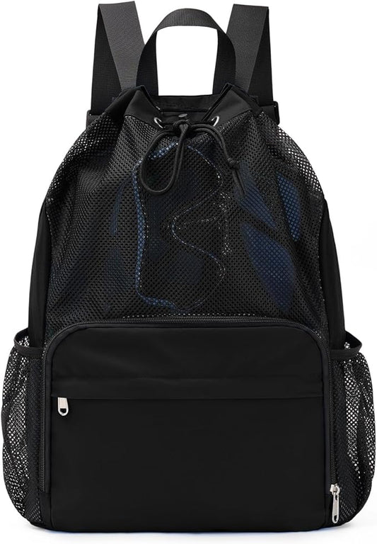 Drawstring Backpack Sports Gym Bag with Wet Pocket Swim Bag Mesh Drawstring Backpack with Shoe Compartment Beach Sackpack for Swimming, Workout Gear (Black)