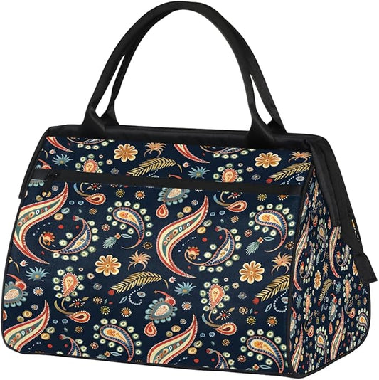 Travel Duffle Bag, Ethnic Paisley Flower Overnight Weekender Tote Bag for Women Men Waterproof Carry On Luggage with Zipper Lightweight Sport Gym Bag for Traveling Yoga Camping Traveling Gifts