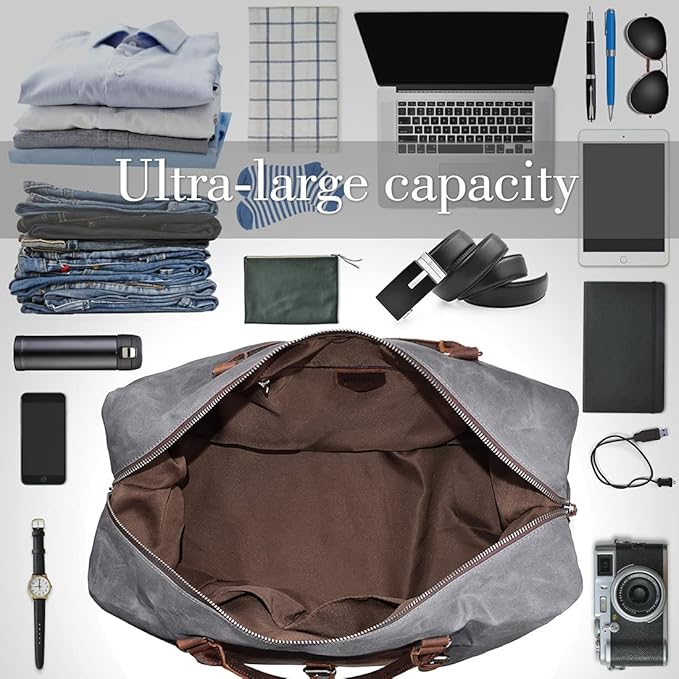 Oversized Travel Duffel Bag Waterproof Canvas Genuine Leather Weekend bag Weekender Overnight Carryon Hand Bag Grey