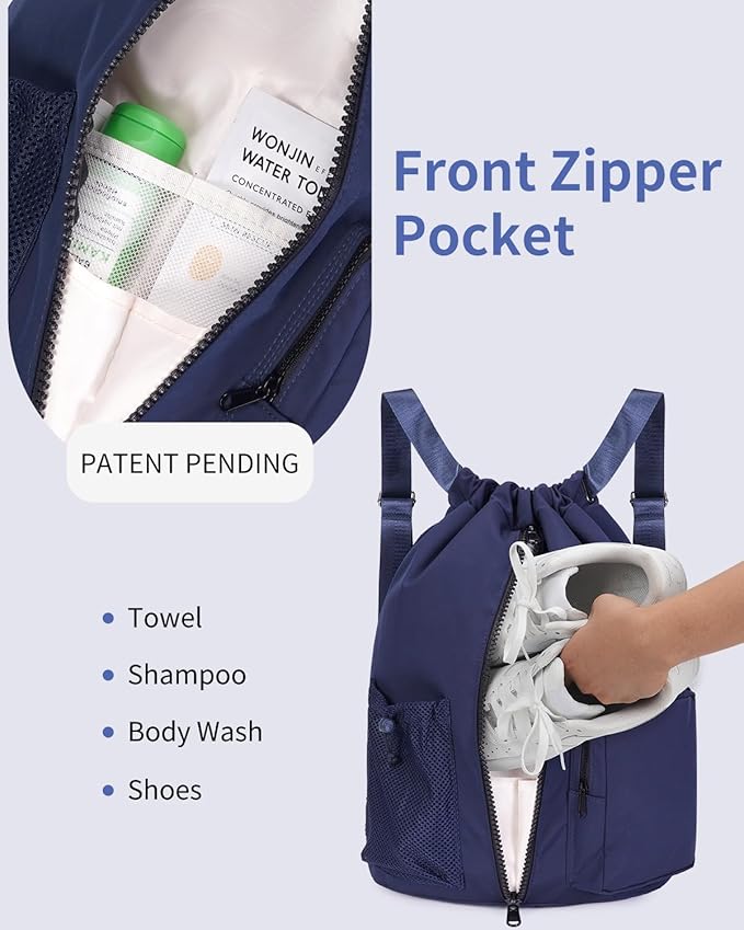 WANDF Drawstring Backpack Sports Gym Bag with Shoes Compartment, Water-Resistant String Beach Sackpack Swim Bag for Women and Men (Navy Blue)