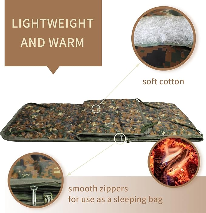 GRVCN Military Blanket - Camping Sleeping Bag with Zipper, Poncho Liner Thermal Insulated Blanket, Lightweight Portable Outdoor Hiking Survival Compression Carry Bag