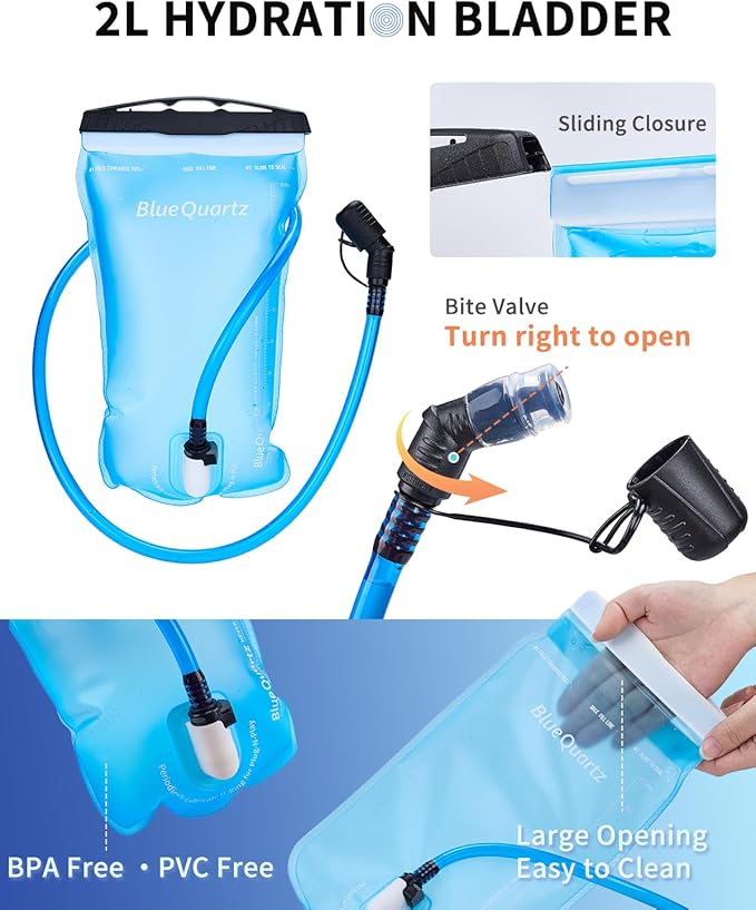 Blue Quartz Hydration Backpack with 2L Water Bladder, Hiking Water Backpack for Women Men, Lightweight Cycling Daypack with Phone Pocket & Helmet Net Bag, Hydration Pack for Biking, Running, Skiing