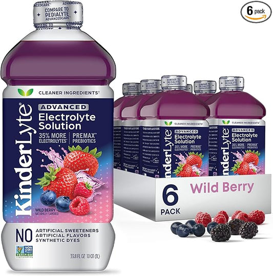 KinderLyte Advanced Electrolyte Solution for Kids and Adults - Hydration Drink (Wild Berry, 6 Count), With PreMax Prebiotics, No Artificial Sweeteners or Flavors, No Synthetic Dyes