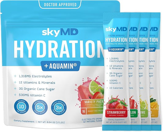 SkyMD Hydration packets with electrolytes powder- Add to water or any liquid- Hydration Multiplier Variety Pack: Lemon Lime, Passion Fruit, Strawberry, Watermelon- Great source of Vitamin C- 16 Sticks
