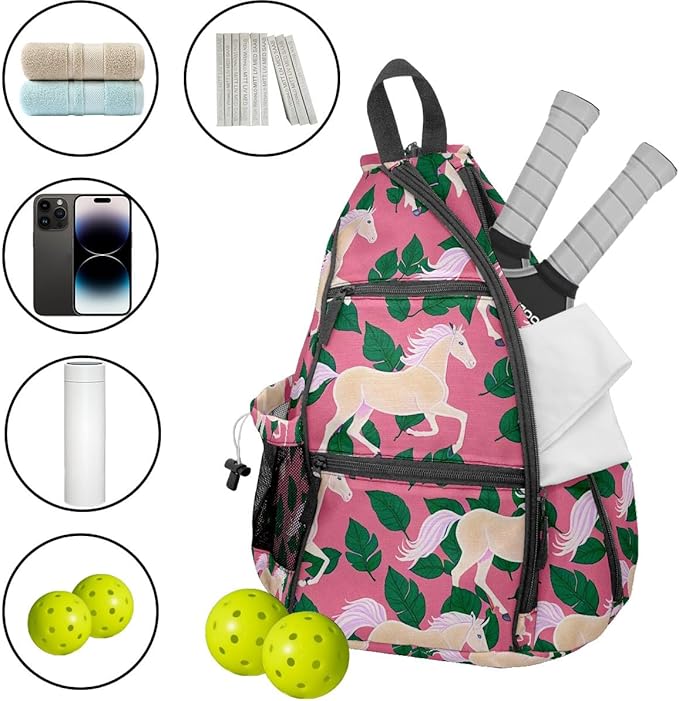 Pickleball Bag Horse Pink Pickle Ball Backpack for Women Men Premium Lightweight Crossbody Sling Bag Sports Backpack for Pickleball Paddle Tennis