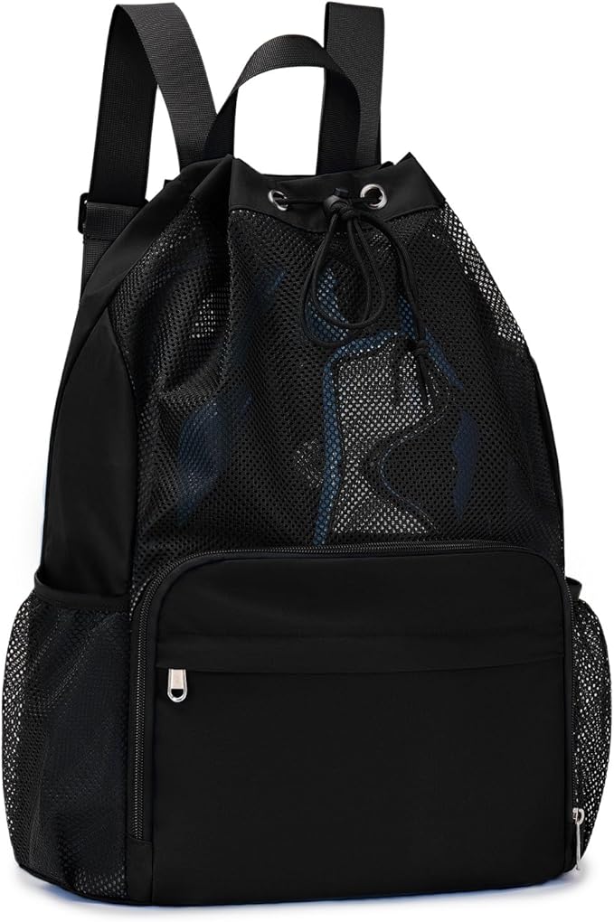 Drawstring Backpack Sports Gym Bag with Wet Pocket Swim Bag Mesh Drawstring Backpack with Shoe Compartment Beach Sackpack for Swimming, Workout Gear (Black)